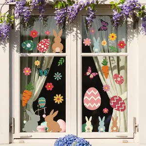 3 Sheets Easter Window Cling Decorative Stickers Festive Look Colorful Egg, Bunny, Rabbit, Butterfly, Flower, Tree, Balloon Window Decals for Easter Party Home Decoration