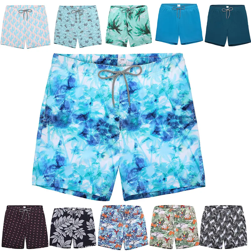 Men's Abbreviated Shorter Polyester Blend Quick-Dry Swim Trunks - Mesh Lining, Adjustable Waist, Pockets, Swim Suit Shorts
