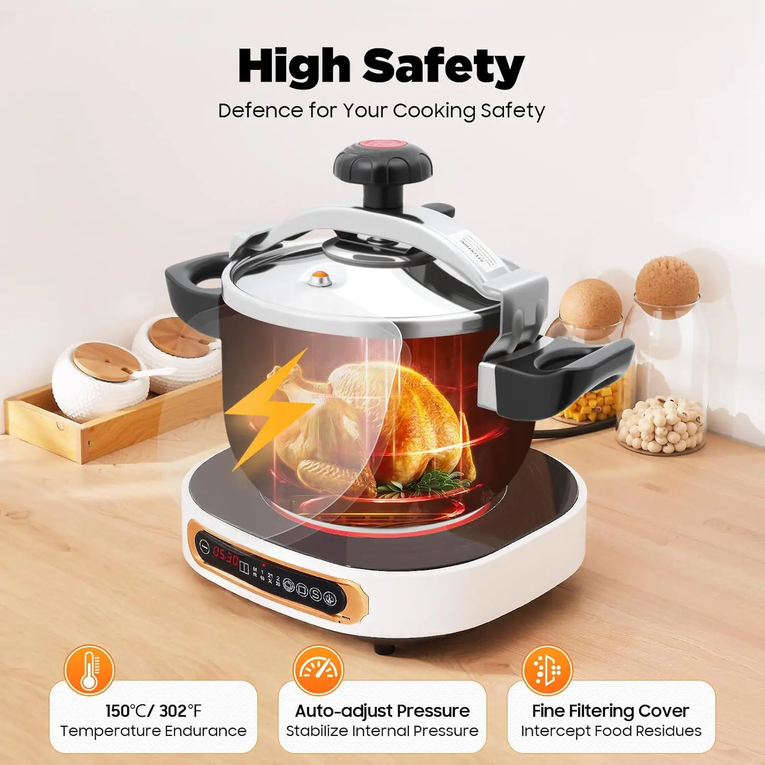 1* 201 Stainless Steel Round Shape Pressure Cooker - 7L Silver Tabletop Cooktop Model, 60Kpa 150℃, Thermal Auto-Pressure Cookware with Enhanced Safety Anti-Clogging Design for Home Kitchen Fast Cooking