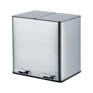 Stainless Steel 2 x 15 L Garbage Can Plastic Inner Buckets and Hinged Lids for Kitchen, Office with 2 Compartments, Removable Inner Buckets