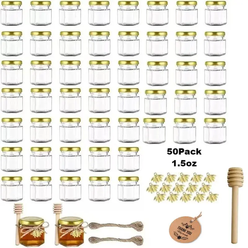 50-Pack Decorative Mini Hexagon Glass Honey Jars with Gold Lids, 1.5oz Casual Jute Storage Bottles & Jars for Wedding, Anniversary Supplies