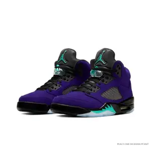 Deep Purple Suede High-Top Retro 5 Basketball Shoes with Green Splash-Paint Details and Black Midsol
