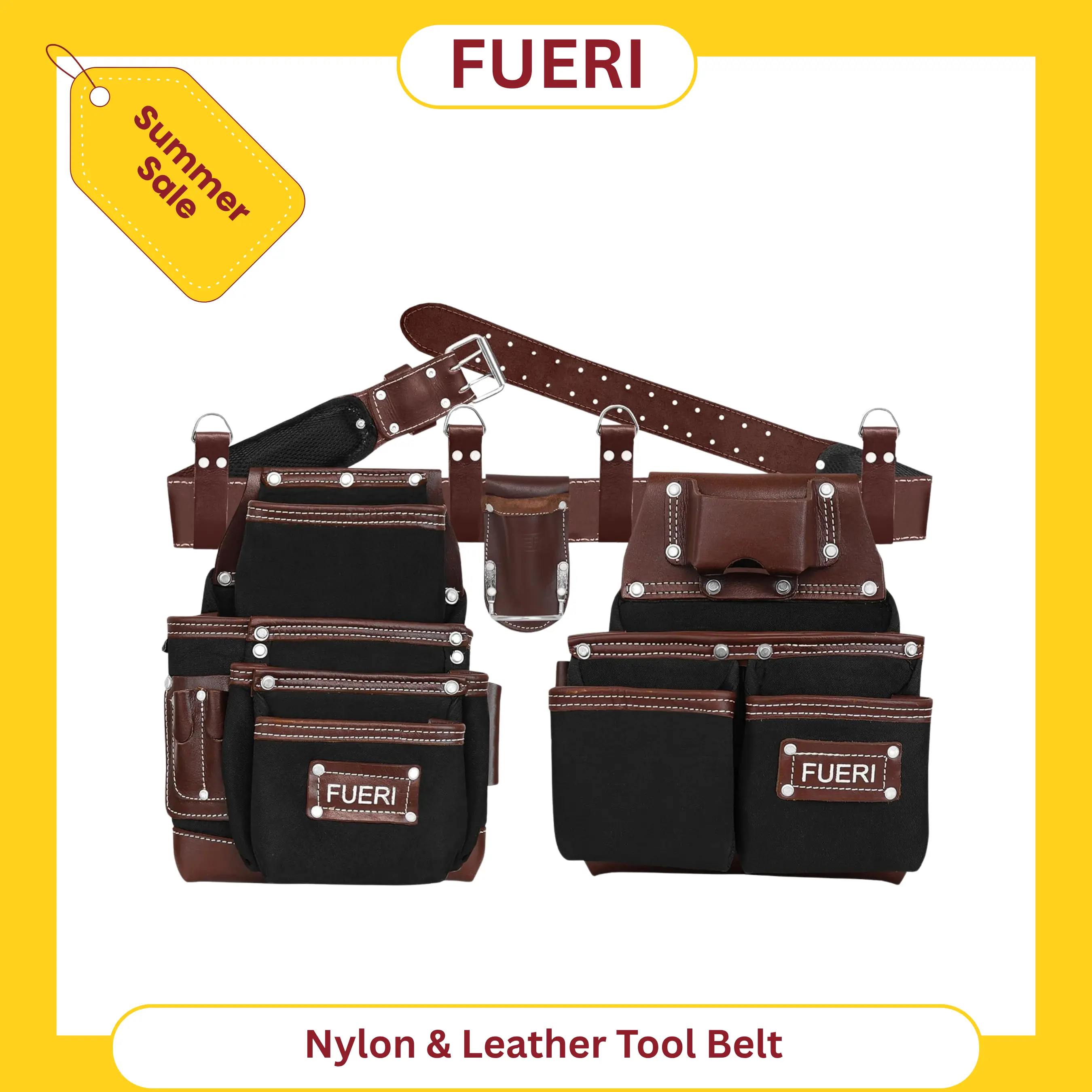 FUERI Nylon Leather Tool Belt - 19 Tool Pockets (Including Utility Pocket), Adjustable Foam Padding Belt, Heavy-Duty Pouches, 4 D-Loops, Hammer Holder for Carpenters