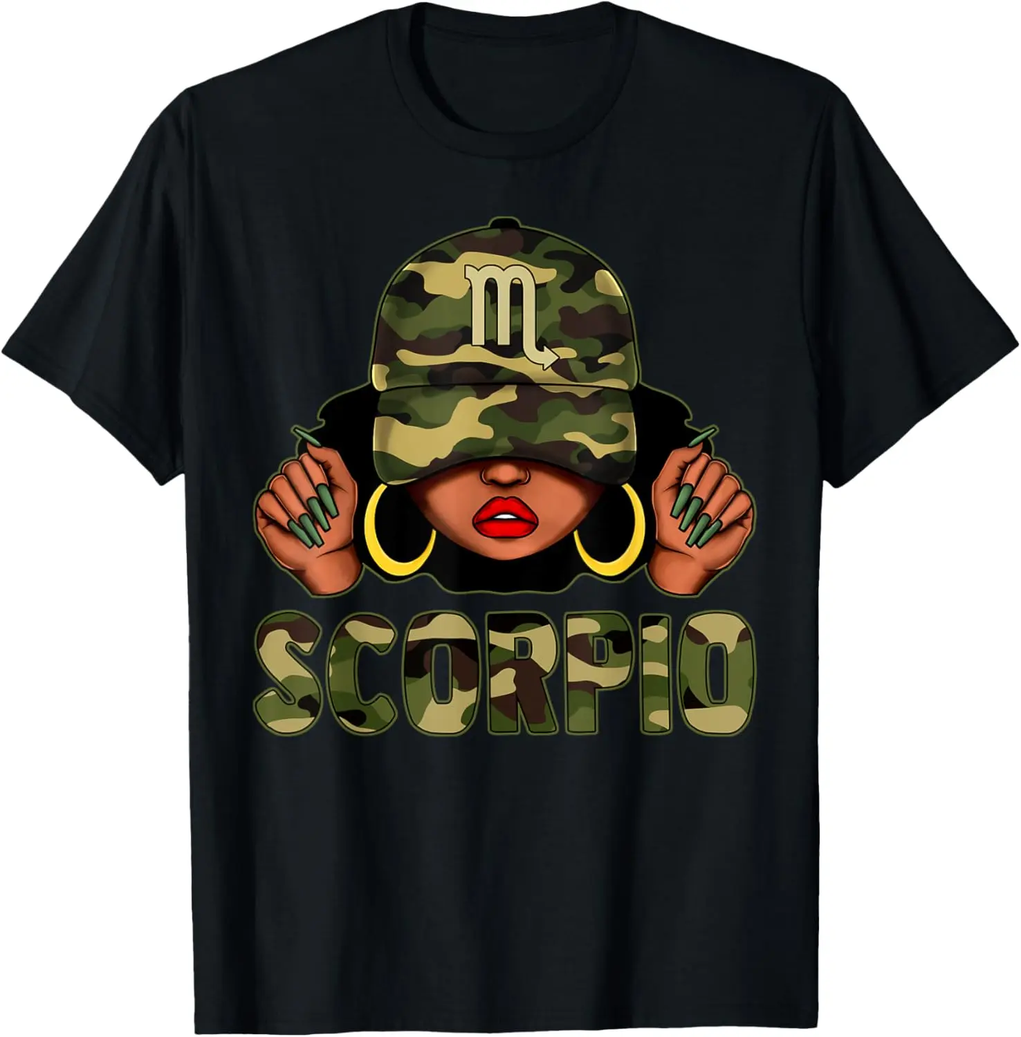 Women's 100% Cotton Short-Sleeve Casual Vintage T-Shirt - Scorpio Queen, Black Woman With Cap, Camo Afro Girl Zodiac Design, Everyday Ladies Clothes