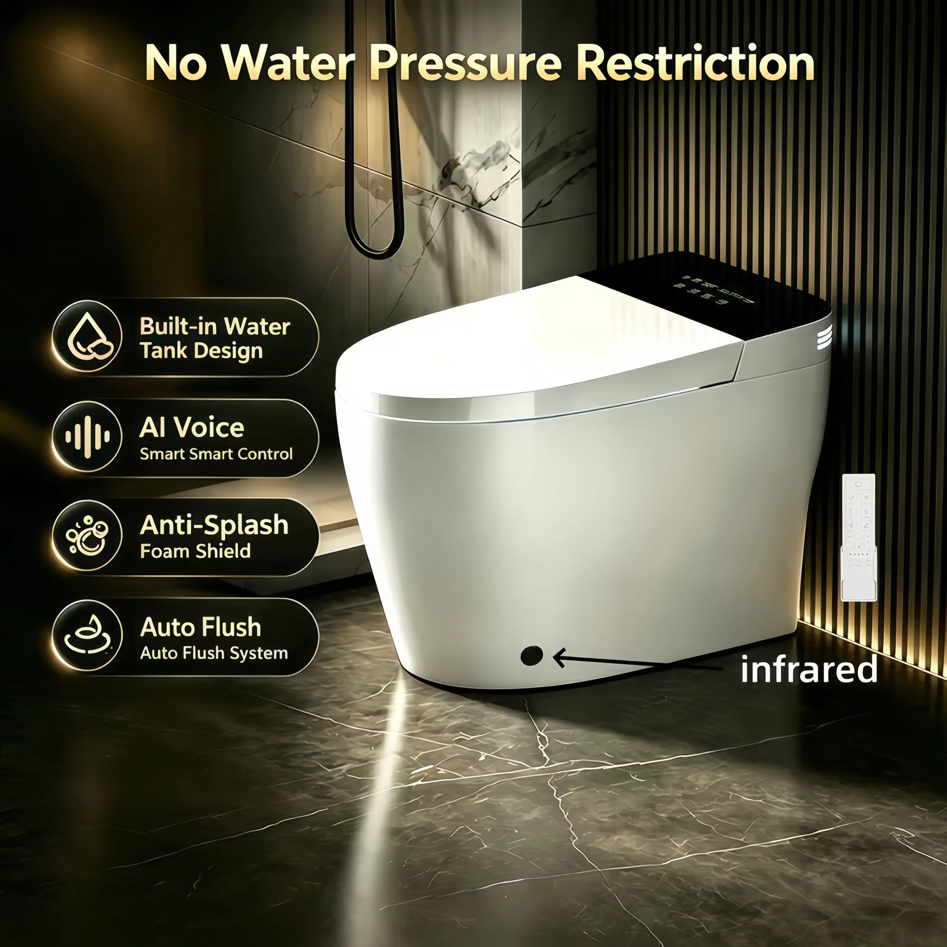 Smart toilet with bidet, automatic open/close, foam barrier, 2.2 lb MaP flush rating, automatic urinal-style flush for men, mobile dryer, ADA-compliant comfort height, elongated bowl with heated seat (built-in tank)