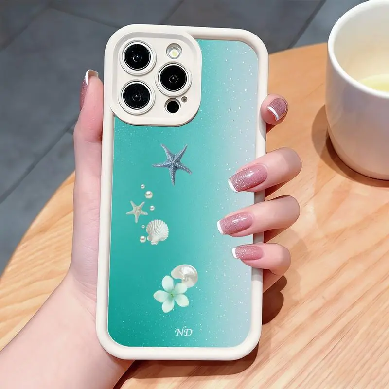 Ocean shell and starfish pattern phone case. Compatible with iPhone 17 Pro Max/16 Pro Max/15 Plus/14/13/12/11, TPU soft case. Compatible with Galaxy S26 Ultra/S25 Plus/S24/S23, Dopamine color. Compatible with Galaxy A54/A53/A33/A15.