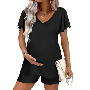 Maternity Sets 2 Piece Outfits Flowing Short Sleeve V Neck Postpartum Pregnancy Pajamas Clothes