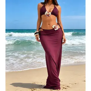 2026 Burgundy 3 Piece Bikini Set for Women, Triangle Halter Swimsuit with Cover Up Skirt, Slimming Bathing Suit