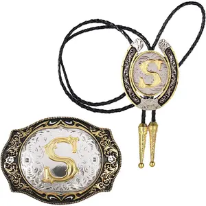 2 Pieces Belt Buckle Bolo tie Set Golden Initial Letter ABCDMJR to Y Western Cowboy Costume for Men