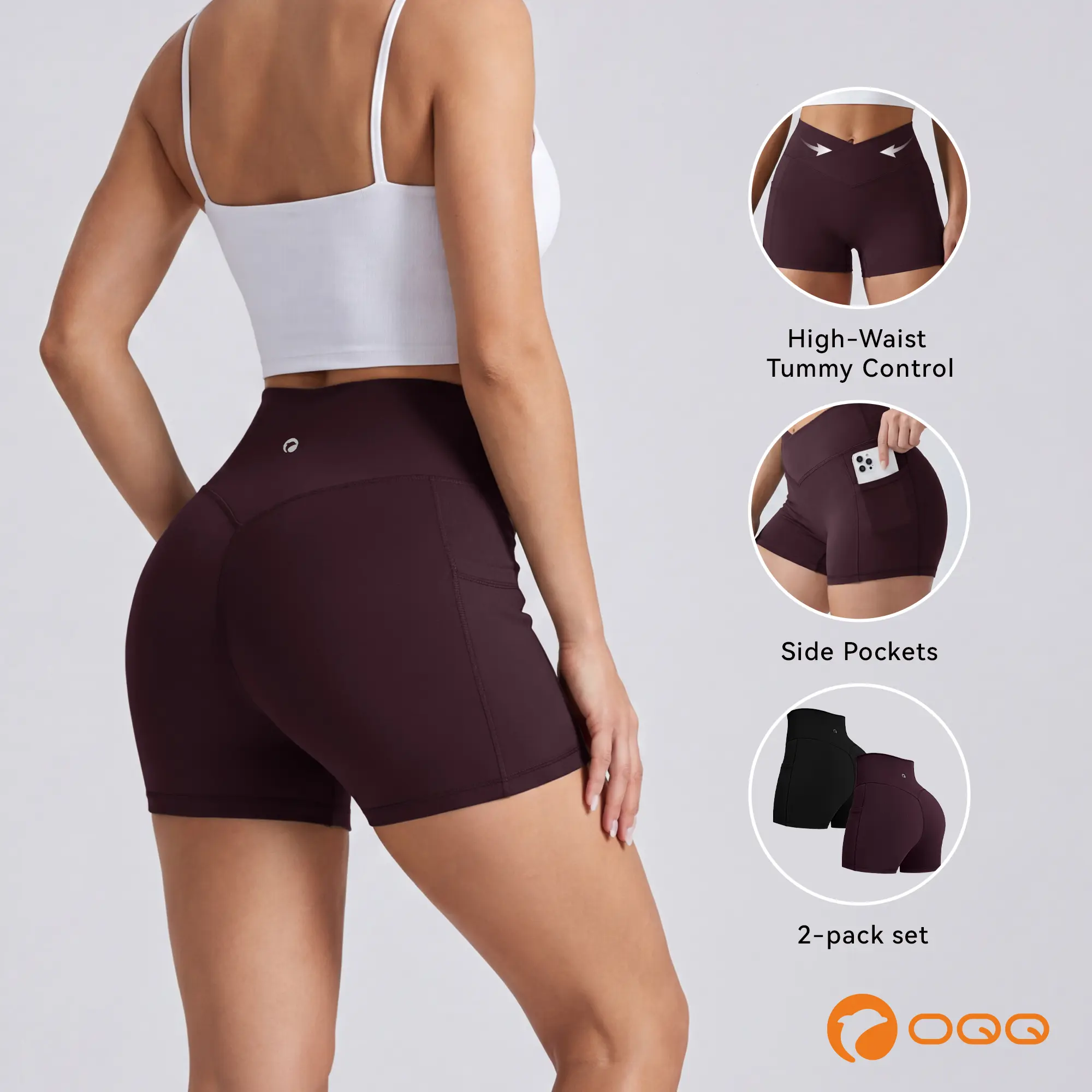 OQQ Women's 2-Piece High-Waisted Athletic Shorts with Pocket Detail, Tummy Control, Crossover Cut, Athleisure & Fitness Basic for Running & Yoga, Stretch-Fit Shorts