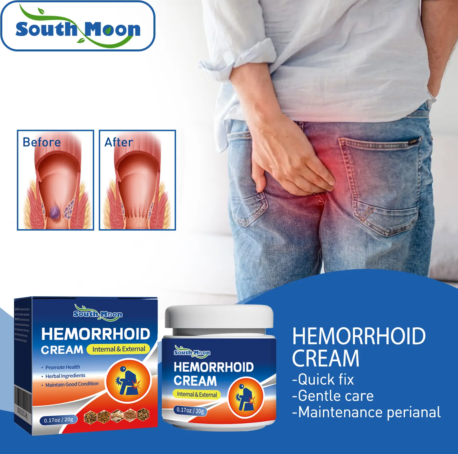 South Moon Hemorrhoid Cream - Anal Area Repair, Swelling & Itching Relief, Pain Alleviation, Anti-Bacterial Treatment with Angelica & Coptis for Healthcare Therapy Solution