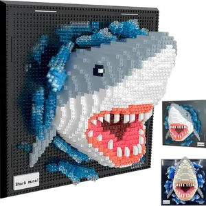 2166pcs Adult 3D Wall Art Shark Building Kit, Creative Building Blocks, Abs Material Megalodon Shape, Ocean Animal Blocks for Wall Decor or Desk Display