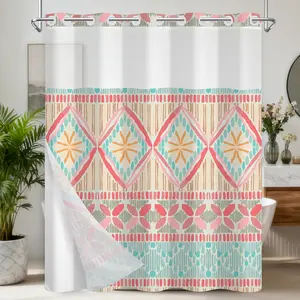 Layer Waterproof Hook-Free Shower Set, Quick Dry Shower Curtains for, Bohemian Geometric Decorative Shower with Sheer Top Window and Weighted Hem, 71x74 Inches