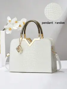 Women’s Crocodile-Embossed Solid Color Multi-Layer Crossbody Bag