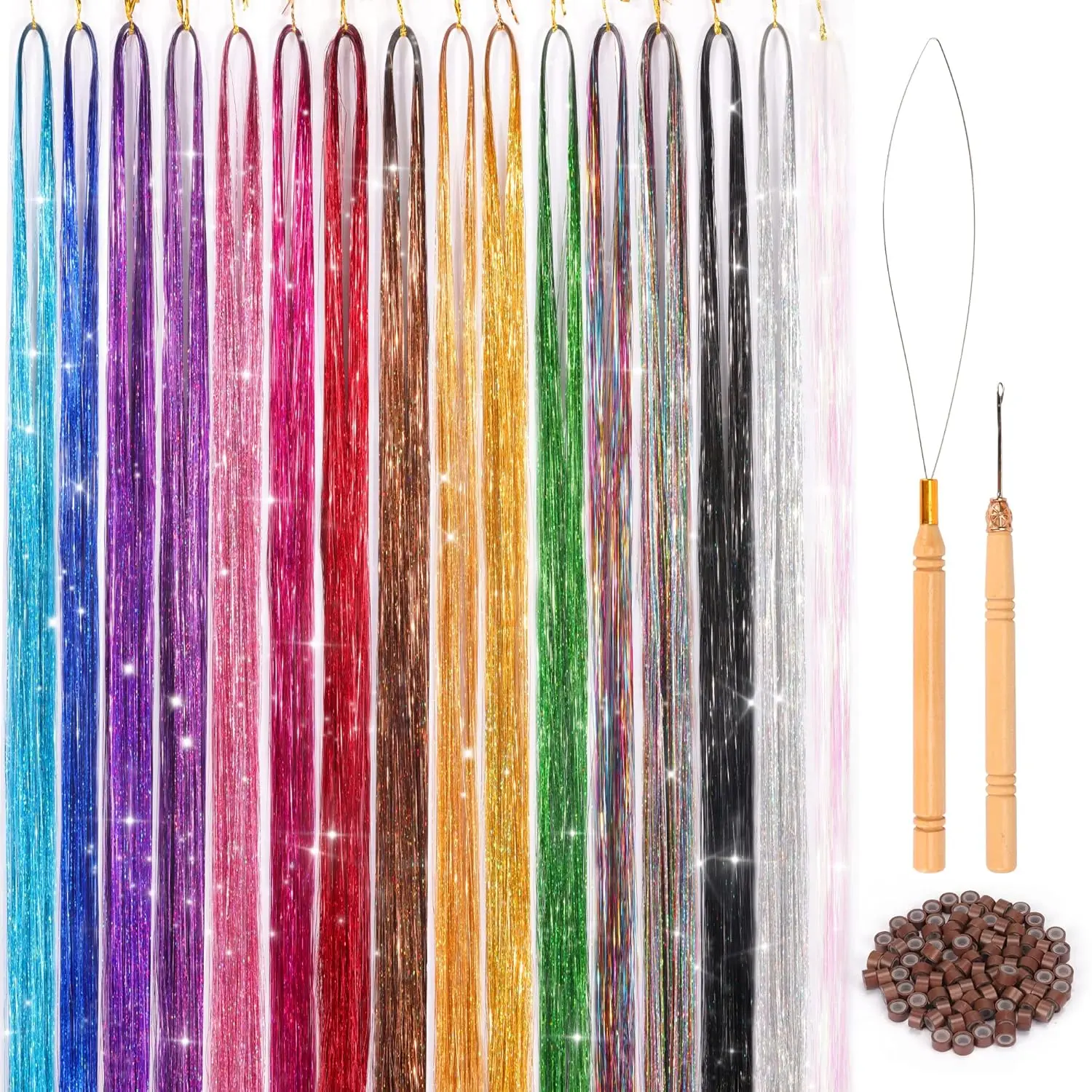 Hair Tinsel Kit, ELASO 48 Inches 3300 Strands Tinsel Hair Extensions, Fairy for Christmas Halloween Cosplay Party, Highlights Sparkling Glitter Hair