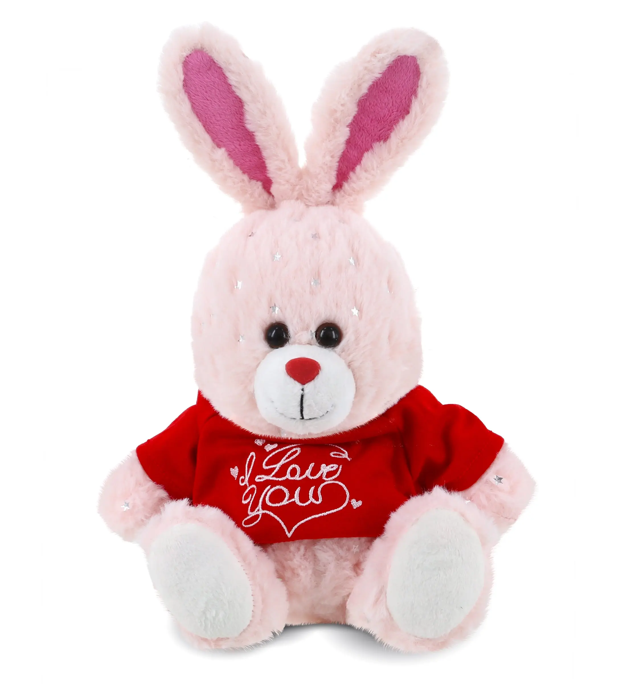 DOLLIBU Embroidered Polyester Sparkling Rose Gold Bunny Stuffed Toy - Red "I Love You" Shirt, 6lx6wx8h inches, Valentine's/Birthday Gift, Soft Plush, Romantic Bedroom Accessories, Ideal for Boyfriend, Bedroom Decoration, Adults To Kids