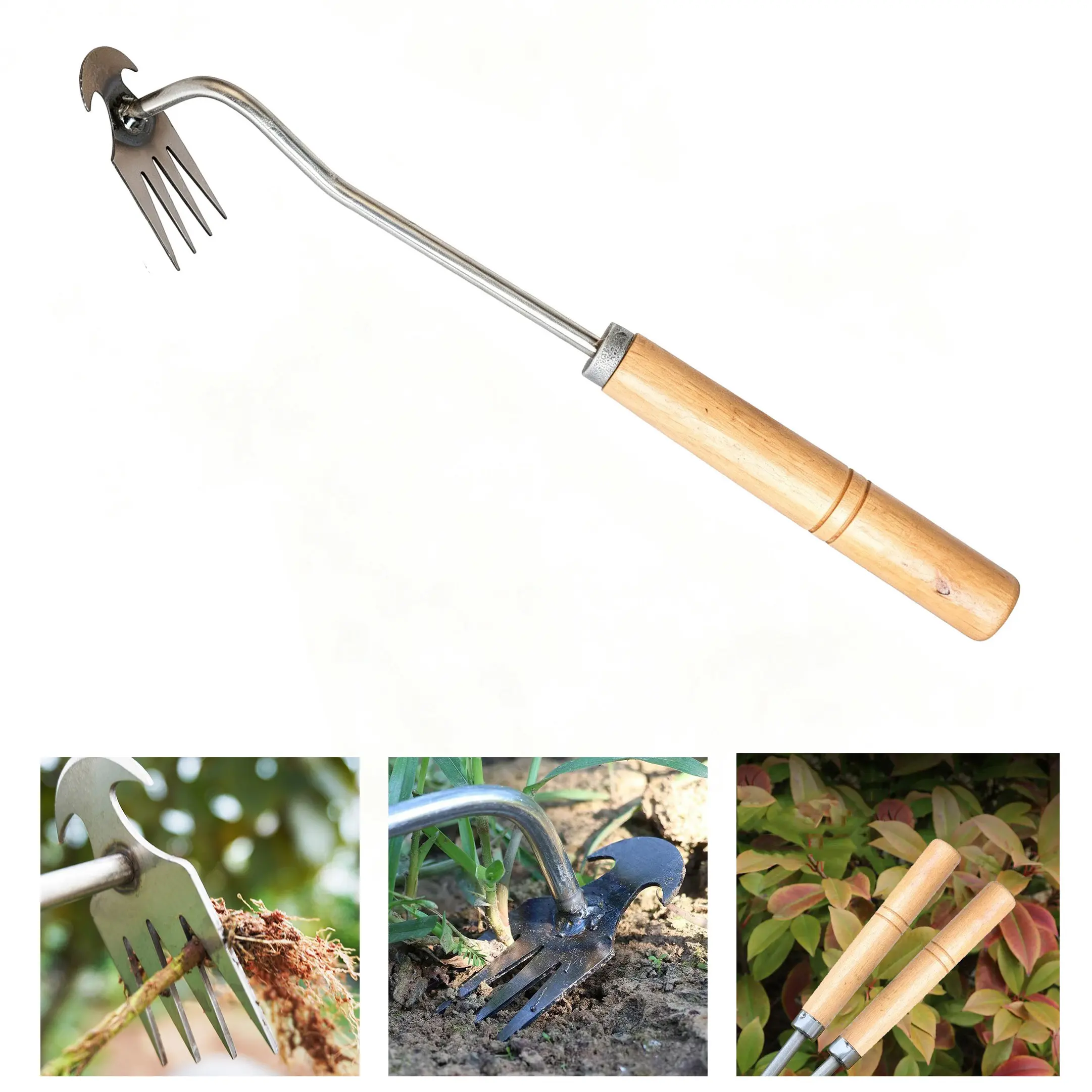 Household Weeder and Hand Hoe — Manual Root-Pulling Tool with Wooden Handle — Suitable for Garden Weeding, Soil Loosening, and Tasks in Vegetable Gardens, Backyards, and Farms
