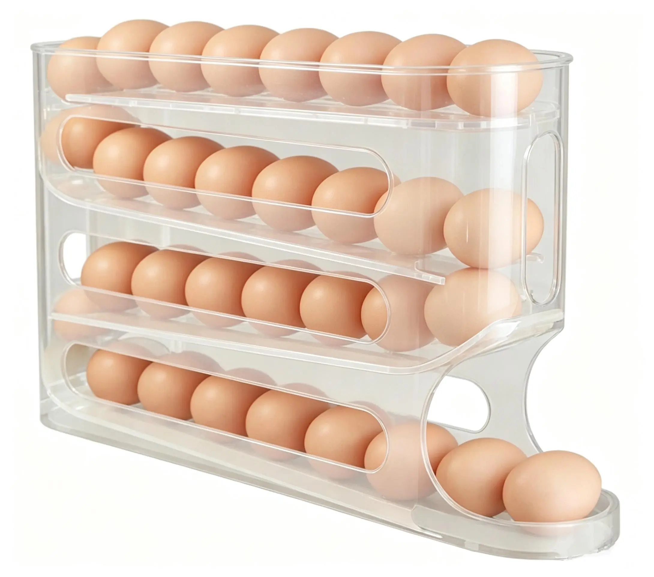 Transparent plastic auto-slide egg organizer, 4-layer rolling egg storage container, fridge and countertop dual-use egg dispenser rack