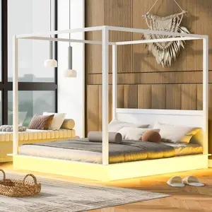 [Bellemave]Queen /KingSize Wood LED Canopy Bed ,Canopy Platform bed With Support Slats, No Box Spring Needed, White