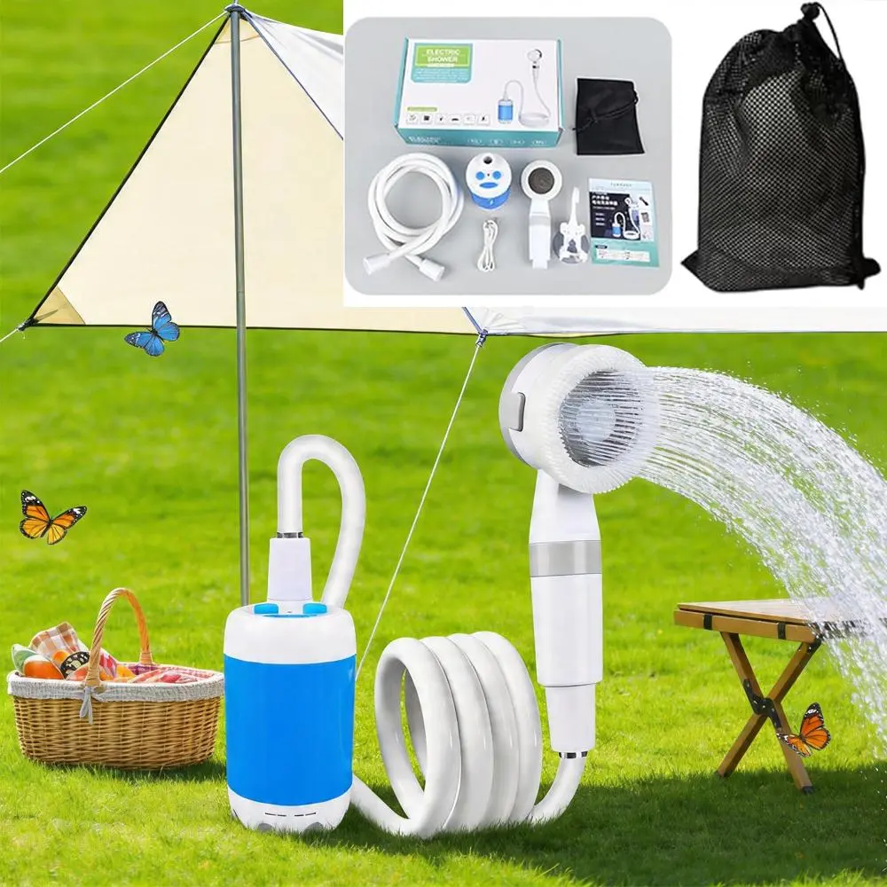 Rechargeable Portable Shower Kit with 4000mAh Battery & Silicone Massager Head, Waterproof Camping Equipment with 2 Flow Rates, Hooks, Suction Cups, Charges via USB Port & Car Adapter, Shower Head, Waterproof Gear