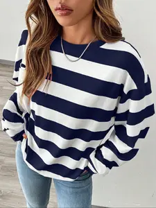 Women's Round Neck Striped Loose Long Sleeve Top, Casual Lightweight Thin Breathable Knitting Top for Spring & Fall Fashion, Comfortable Daily Wear for Women, Knitwear, Summer