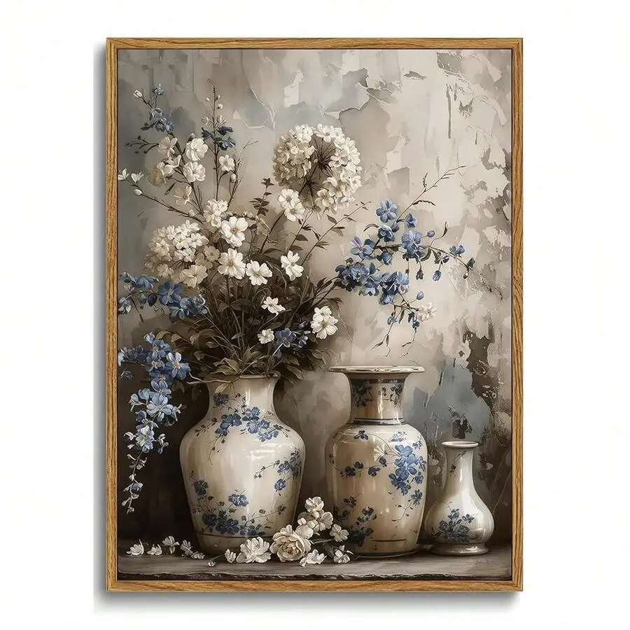 Unframed Multi-Size Vintage Blue-White Floral Vase Canvas Poster - 16×24 Inches, 20×30 Inches, Artistic Chinoiserie Wood-Accent Still Life Print, Minimalist Neutral Farmhouse Wall Decor for Living Room, Wardrobe, Kid Room