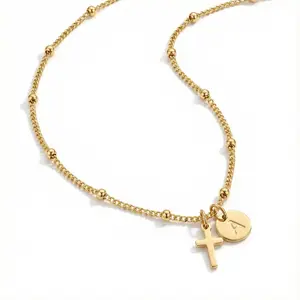 14k Gold Plated Cross Initial Necklaces for Women, Disc Letter Name A-Z Pendant Necklace Christian Religious Faith Baptism Chain Jewelry Christmas Gifts to Daughter
