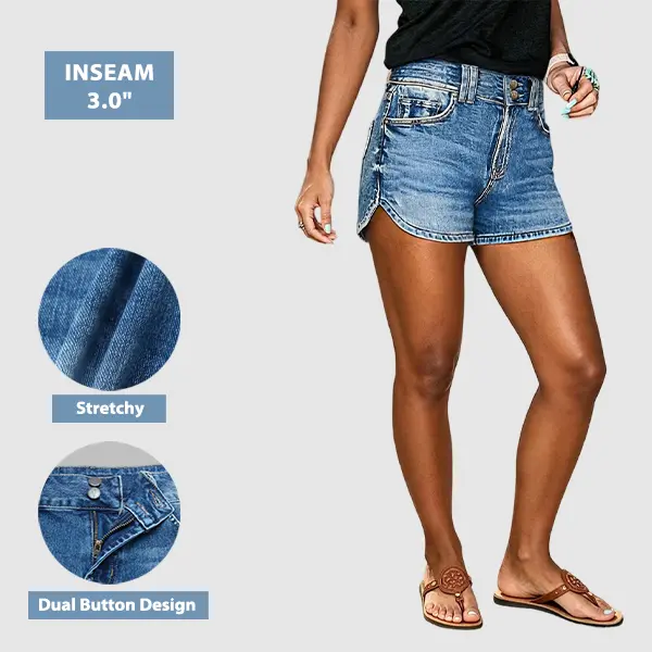 Flamingals Wash Split Dual Button Mid Waist Denim Shorts Stretchy 3'' Inseam
