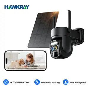 HAWKRAY Solar Security Wireless Outdoor Camera,10X Zoom,2K Resolution 360° Pan Tilt Control,WiFi Battery Powered Camera with Spotlight Siren PIR Motion Detection (1-pack)