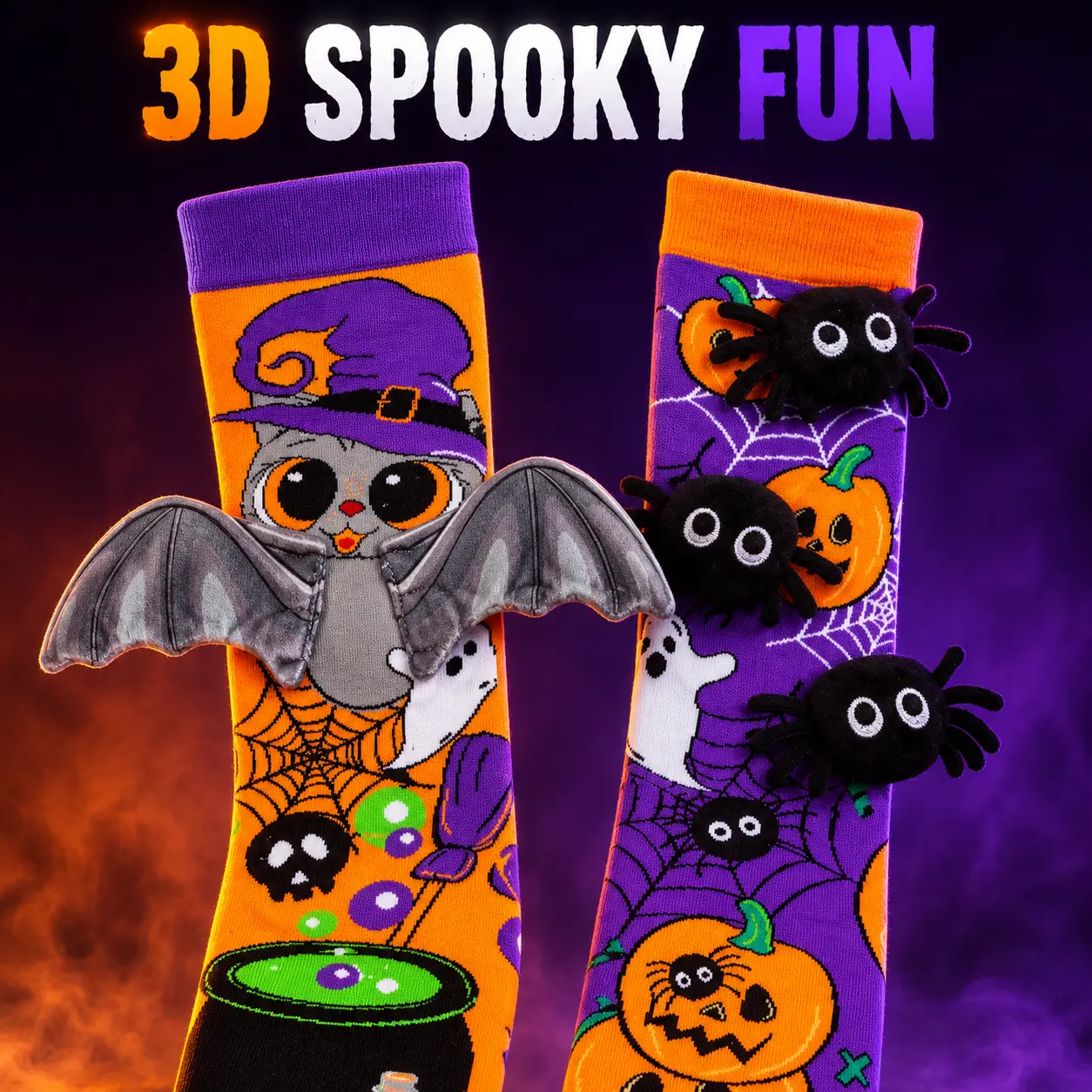 Cute Halloween Socks for Kids, 3D Plush Spider and Bat Wing Knee High Socks, Novelty Costume Party Gift for Boys and Girls