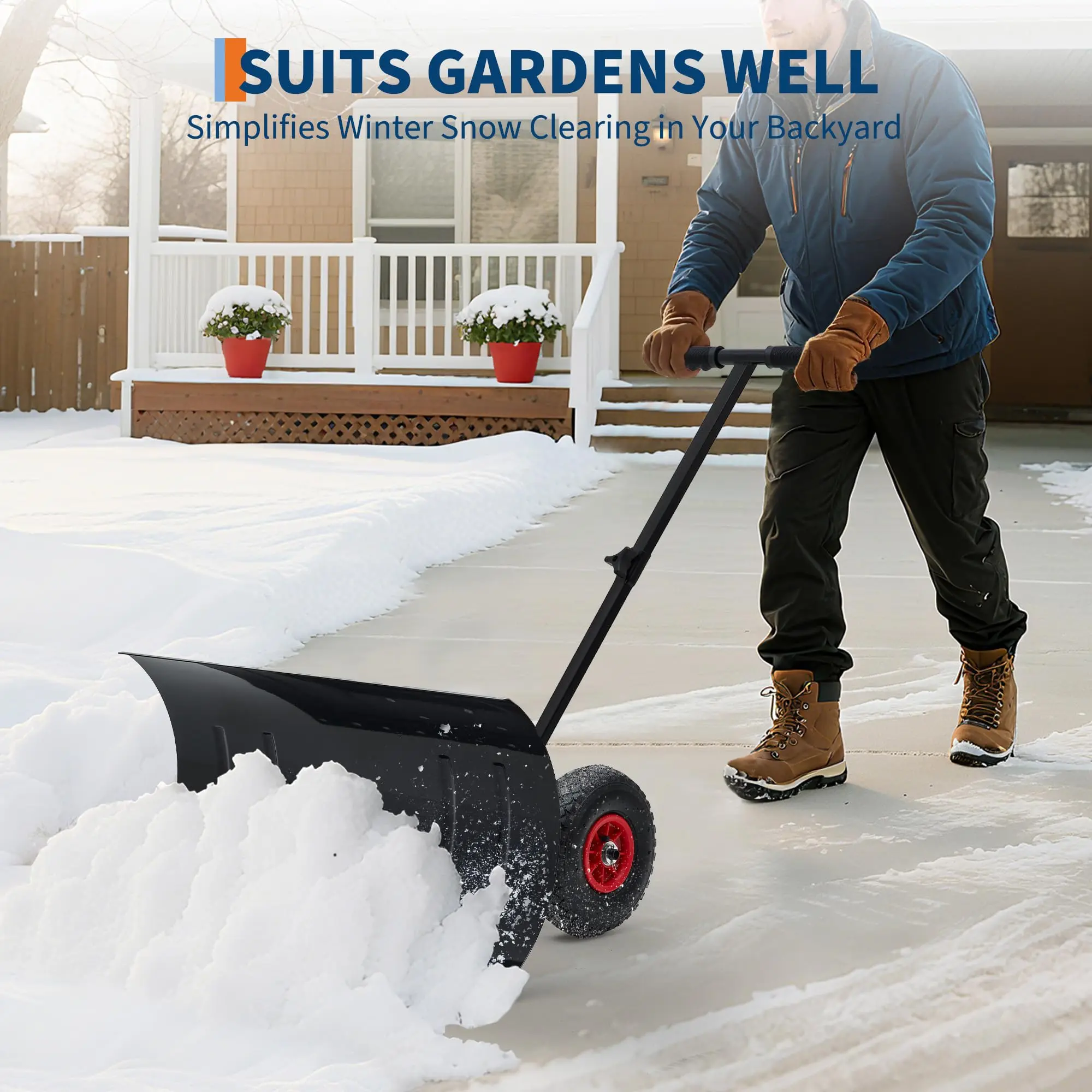 Heavy Duty Steel Snow Shovel Pusher with Wheels for Driveways, 29*14In Wide Push Snow Plow Shovel, Adjustable Handle, Angled Blade, Efficient Snow Removal for Easy Driveway & Pavement Clearing