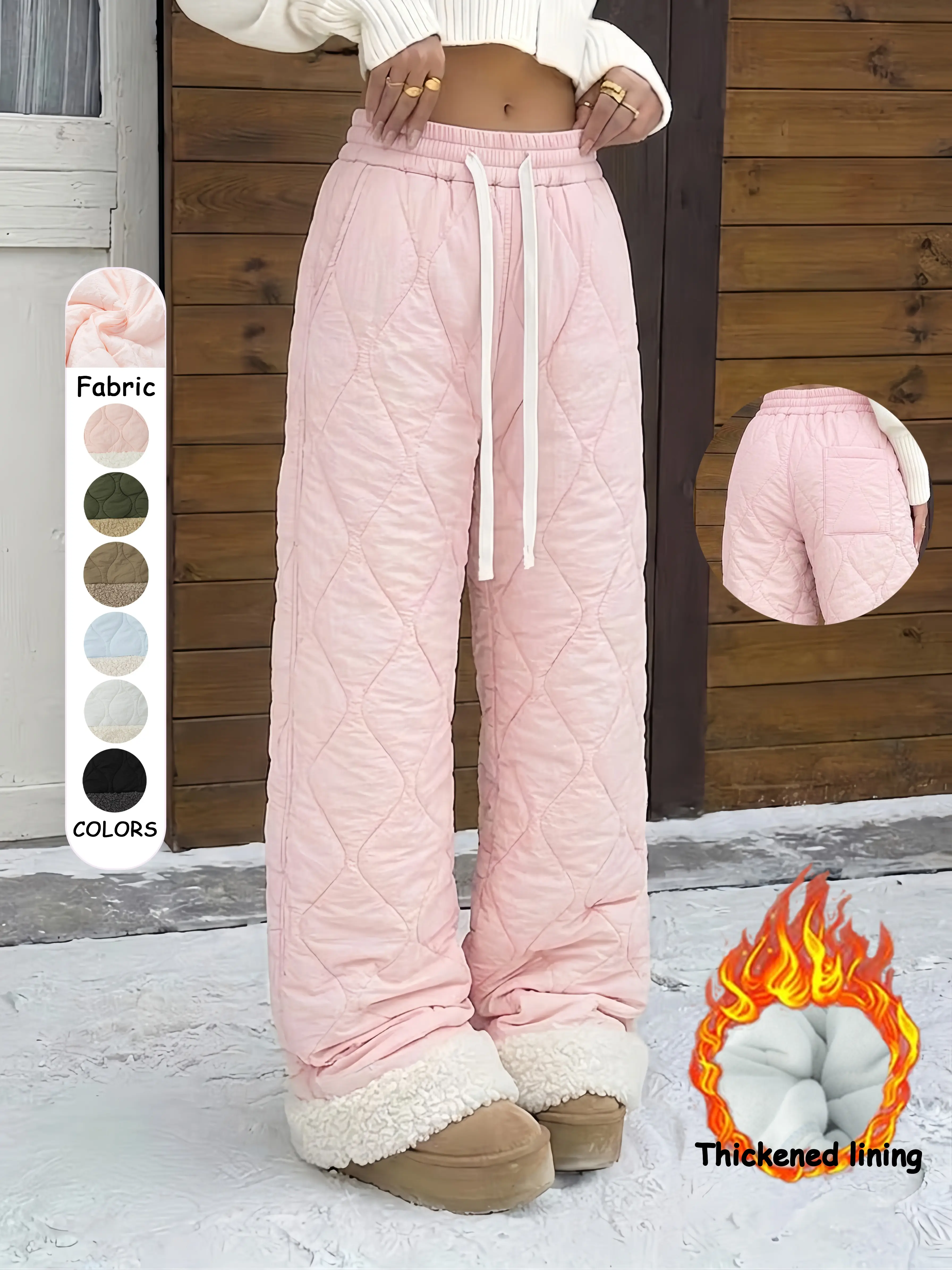 Women's Mid-Waist Baggy Fleece-Lined Padded Winter Pants - Comfortable, Loose-Fit, Casual Chic, Plain Look Warm Bottoms with Elastic Cuffs, Suitable for Everyday Wear & Back to School