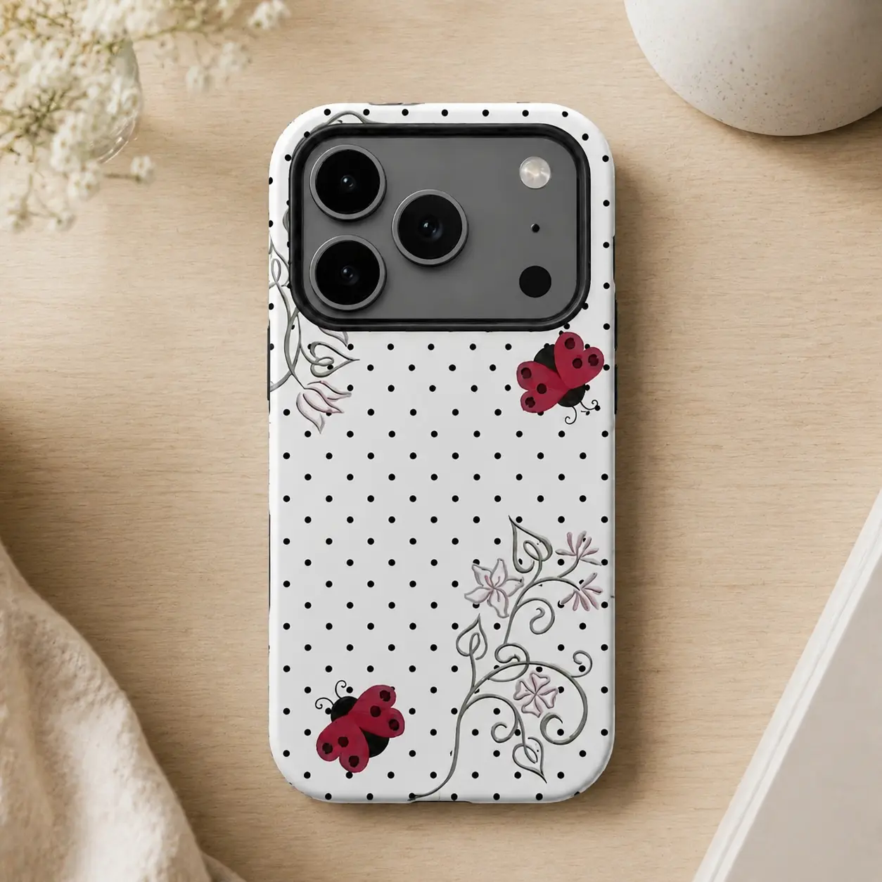 Polka dot ladybug phone case, cute Y2K art style, kawaii floral pattern, compatible with iPhone 17/16/15/14/13/12/11 Pro Max/Plus and Samsung Galaxy S23FE/22/23/24/25/26 For Boys & Girls