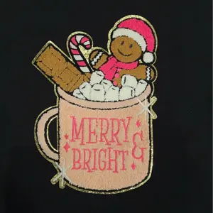 Merry & Bright Christmas Gingerbread Man Hot Chocolate Chenille Patch Unisex Black Sweatshirt - Womenswear, Cotton Casual Long Sleeve Crewneck, Gold Glitter Details, Loose Fit, Perfect for Holiday Gatherings