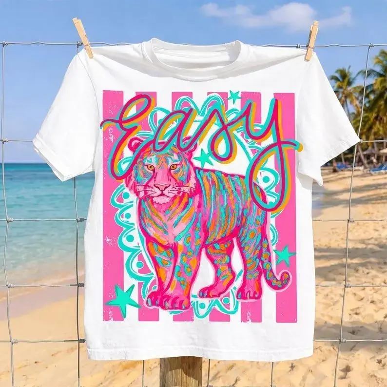 Preppy Easy Tiger Tee, Funny Sarcastic T-shirt, Snarky Colorful Shirt Doodle Tee, Trending Stripes Tshirt, Girly Boutique Tee Womenswear Casual Crewneck Print Top