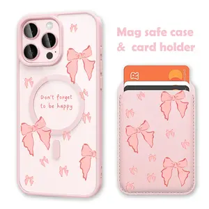 Pink Bows MagSafe-Compatible Clear Smartphone Casing - Magnetic Shockproof Protection Cellphone Accessory with Card Holder Wallet for iPhone 16 Pro Max, iPhone 17