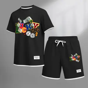 Men’s Lucky Graphic Print Short Sleeve Shirt and Drawstring Shorts Set, Casual Summer Two-Piece Outfit, Lightweight Breathable Relaxed Fit Athletic Sportswear for Daily Wear, Gym, Beach, Vacation, Travel and Loungewear
