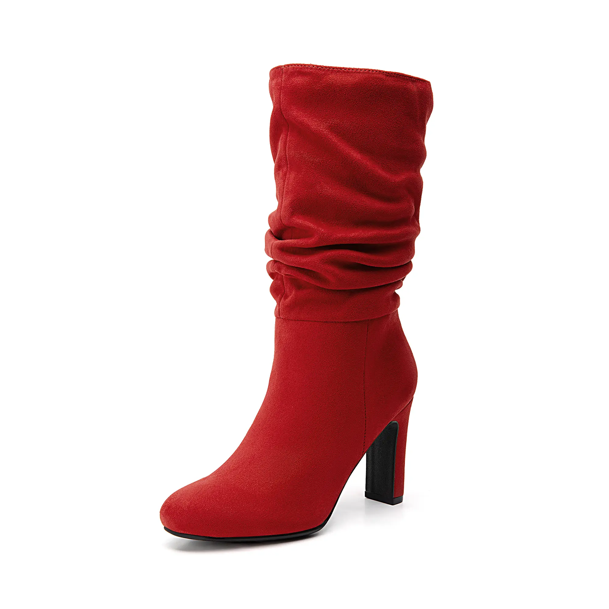 Dream Pairs Women's Faux Suede Slouch Boots, Dressy Mid-Calf High Heel, Pull-On Almond Toe Footwear for Fall Winter, Shoe, Slip On