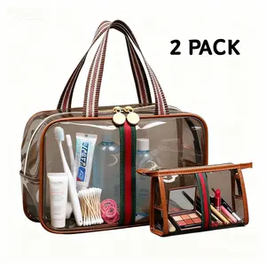 Vintage 2 Pack retro style cosmetic makeup toiletry bag transparent waterproof women large capacity handbag travel daily gym yoga beach storage bag multiple size