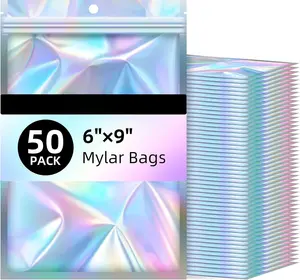 Mylar Bags, 50 count Resealable Bags-6x9in, Holographic Bags for Party Favors, Little Bag for , Sealable Bag for Papers, Souvenirs, Dispensary Packaging for Edibles, Mothers Day Gifts