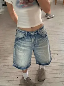 Y2K Streetwear Loose Fit Jeans Shorts, Womenswear, Cotton Slant Pocket Design, Summer Casual Wear, Trendy Wide Leg Denim Jeans for All Seasons