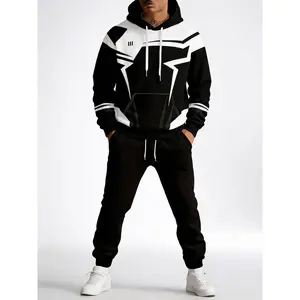 Men's Mecha Geometric Print Hoodie Tracksuit – Black & White Contrast 2-Piece Set