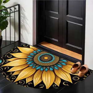 Bohemian Sunflower Mat 1pc Vintage Mandala Sunflower Welcome Doormat, Boho floral rug – Semi-Circular Non-Slip Design, Machine Washable Polyester Mat for Entryway, Porch, or Hallway, Perfect for Boho Decor, Durable Outdoor Mat