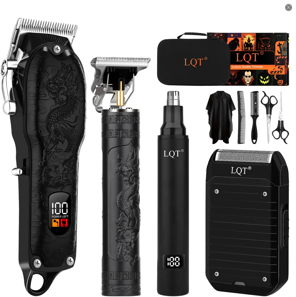 LQT Men’s Professional Cordless Electric Hair Grooming Kit, includes hair clipper, nose trimmer, electric shaver, detail trimmer, LED battery display, guide comb, scissors, storage bag; an ideal Father’s Day gift.