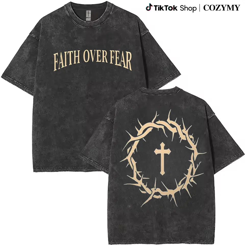Faith over fear vintage washed high quality cotton printed T-shirt men's T-shirt old summer clothing dropped shoulder sleeves round neck short sleeve top