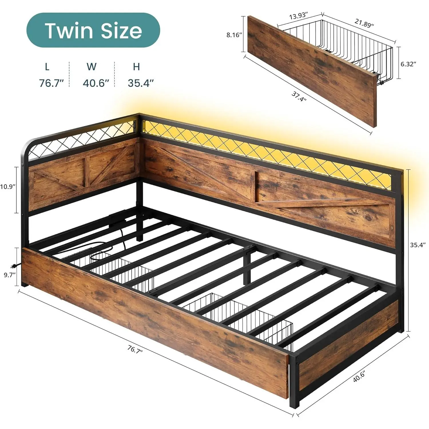 ANCTOR Twin Daybed with Storage Drawers, Corner Bed Frame with LED Lights and Charging Station for Living Room, Bedroom and Guest Room, Industrial Brown