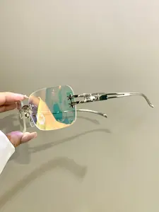 Punk Fashion Frameless Rectangular Glasses, Trendy Metal Frame with Hollow Legs Eyewear for Men and Women, Rectangle Frame