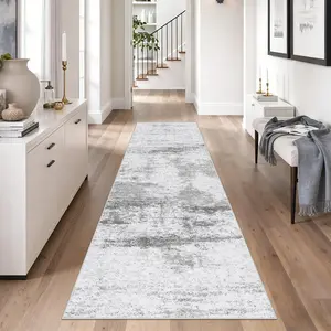 100x400cm/39.37x157.48in Washable Abstract Runner Rug ，Extra Large Runners for Hallways, Non Slip Kitchen Runner Printed Faux Wool Entryway Runner Indoor, Modern Abstract Floor Carpet for Hall Kitchen Bedroom, Grey Beige
