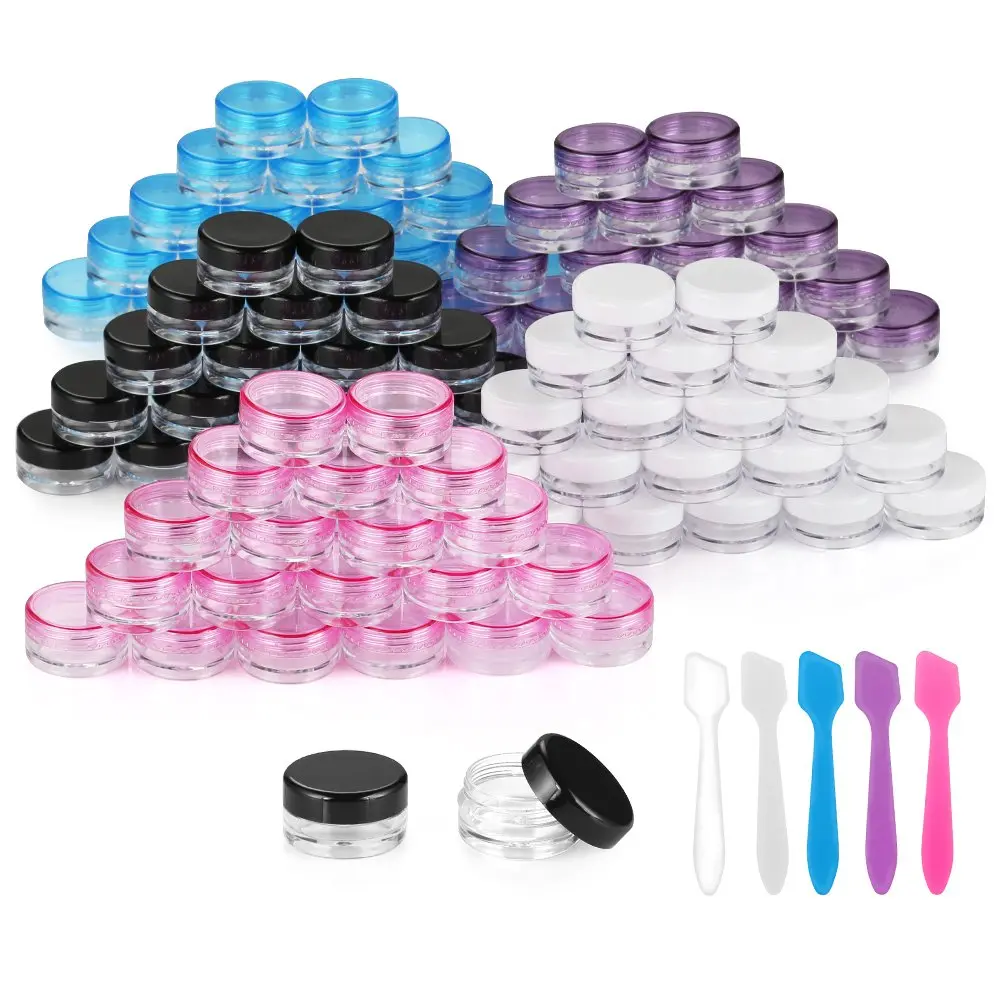 100-Pack 3g Empty Cosmetic Sample Canister Jars with Lids, Includes 5-Pack Mini Spatulas for Selfie Accessory Storage