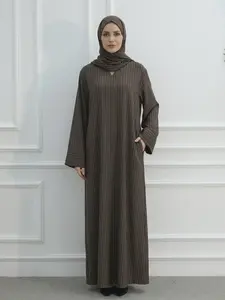 Muslim Women's Loose Striped V Neck Dress Robe, Strong Wrapping, Contains Pockets, No Headscarf, Long Sleeve, Modest Style, Modest Muslim Outfits, Islamic Clothes, Modest Muslim Clothing, Islamic Modesty Clothes